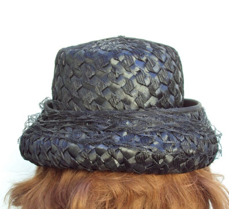 Bucket Style Black Straw with Veil Vintage Hat Cloche Leslie James