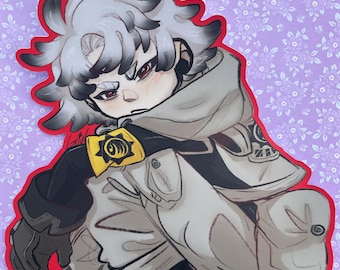 May include: Illustration of a character with gray and black hair, wearing a white and black outfit with a yellow emblem. The character is crouched down, with a red outline around the image.