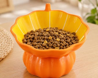 Elevated Cat Bowl, Tilted Cat Bowl in Ceramic Pumpkin Flower Style, Raised Pet Dish Gift for Cats & Small Dogs