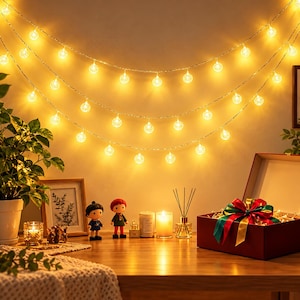 May include: A string of warm white LED globe lights draped in three horizontal rows against a wall. The lights emit a soft glow, illuminating a wooden surface featuring a potted plant, two small figurines, candles, and a gift box with a ribbon.