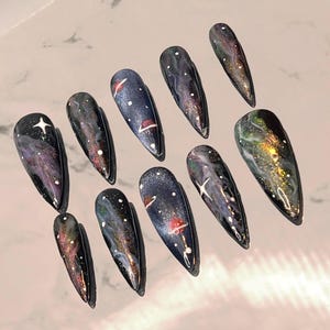 Galaxy Press on Nails | Esmalte Cat Eye | Unhas Press Ons Personalizadas | Unhas Press On Pintadas à Mão | Unhas Reutilizáveis