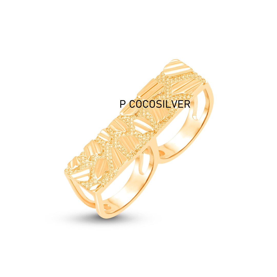 Men's Nugget Two Finger Ring, 14K Yellow Gold Plated 925 Silver - Etsy