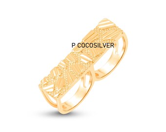 14k Yellow Gold Plated Precious Metal Two Finger Stylish Ring Solid Rectangular Nugget For Mens Wedding & Engagement/ Anniversary Gift