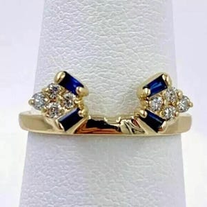 1 CT Baguette Cut Simulated Blue Sapphire & White Diamond Enhancer Ring 14K Yellow Gold Plated ,  Women's Band , Mother's Day Gift Ring