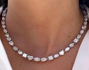 42 Ct Multi-cut Cubic Zirconia Statement Wedding Engagement Tennis Necklace 14k White Gold Plated Gift For Women&#39;s