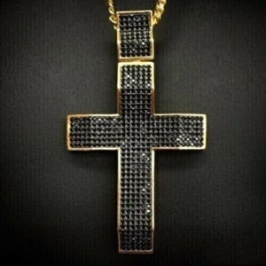 3 Ct Round Shape Simulated Black Diamond Men&#39;s Cross Pendant 14K Yellow Gold Plated 925 Silver For Christmas & New Year Gift
