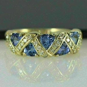 3Ct Trillion Cut Simulated Tanzanite & Diamond Women&#39;s Wedding Engagement Ring 14K Yellow Gold Plated 925 Silver