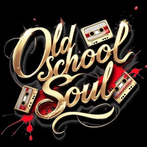 May include: A gold-coloured "Old School Soul" design with a 3D effect, featuring three cassette tape illustrations. The black background has red paint splatters, evoking a retro music theme.