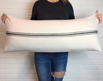 Linen Style Pillow Cover, Long Lumbar Pillow, Grain Sack Lumbar, Farmhouse Pillow, Modern Farmhouse Lumbar, Stripe Pillow Cover