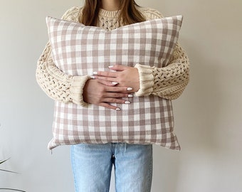 Neutral Plaid Pillow Cover, Gingham Check Pillow, Tan and White Pillow, Taupe Check Pillow, Beige Pillow Cover, Farmhouse Check Pillow