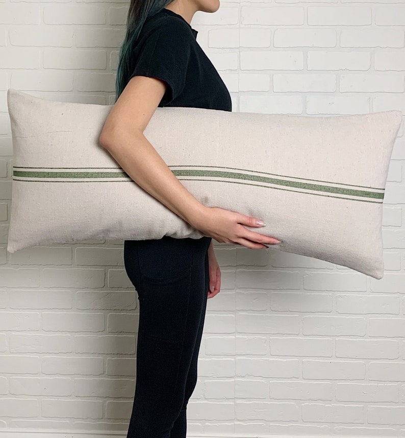 Grain Sack Lumbar Pillow Cover, Modern Farmhouse Lumbar, French Grain Sack Pillow, Extra Long Lumbar, Farmhouse Pillow, Green Stripe Lumbar