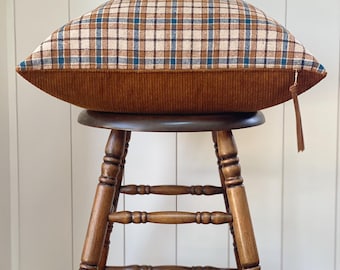 Plaid Wool Pillow Cover Brown and Navy, Corduroy Back,  Reversible, Zipper, 20"