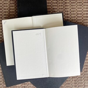 May include: An open book with blank white pages, surrounded by other books with black covers and white pages. The text "TAN" is handwritten on one page, and "HR" is written on another. The books are arranged on a textured, brown surface.