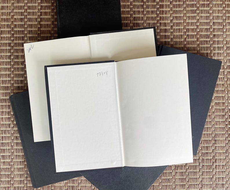 May include: An open book with blank white pages, surrounded by other books with black covers and white pages. The text "TAN" is handwritten on one page, and "HR" is written on another. The books are arranged on a textured, brown surface.