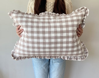 Ruffled Check Pillow Cover, Ruffled Lumbar,  Check Pillow, Tan Check Pillow, Taupe Check Pillow, Beige Pillow Cover, English Country pillow