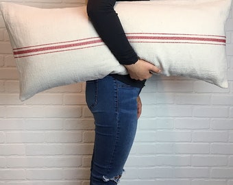 Modern Farmhouse Pillow Cover, Grain Sack Pillow, Long Lumbar, Farmhouse Lumbar, Rustic Lumbar, Linen Style Pillow Cover, Farmhouse Stripe