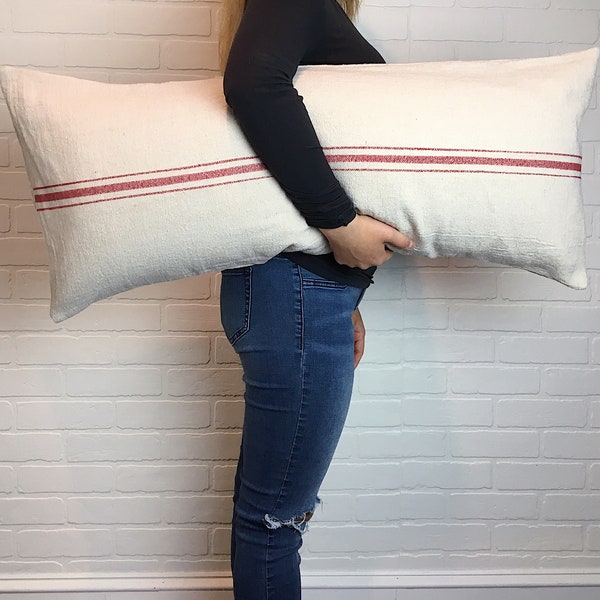 Modern Farmhouse Pillow Cover, Grain Sack Pillow, Long Lumbar Pillow, Farmhouse Lumbar, Rustic Lumbar, Stripe Lumbar, Stripe Pillow Cover