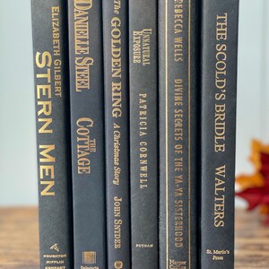 May include: A collection of six hardcover books with dark gray covers and gold lettering. Titles include "Stern Men," "Cottage," and "The Golden Ring." The books are arranged vertically, showcasing their spines. The books are from various publishers.
