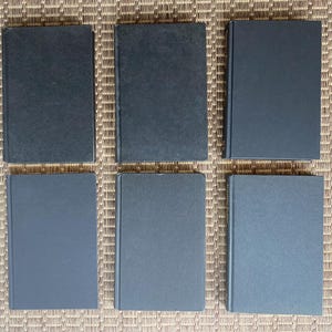 May include: Six hardcover books with dark blue covers are arranged in two rows on a textured, light brown surface. The books are rectangular and appear to be of similar size and thickness, suggesting a collection or set.