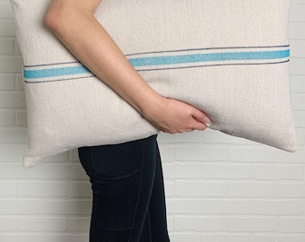 Summer Farmhouse Pillow Cover, Grain Sack Pillow, Modern Farmhouse Pillow, Grain Sack Lumbar, Coastal Farmhouse Pillow, Stripe Pillow Cover