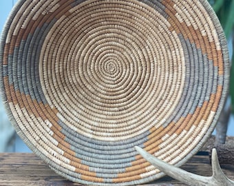 Vintage African Coiled Basket, Handwoven Round Basket, Geometric Pattern Basket, Southwestern style basket, sage and terracotta basket