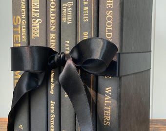 Black and Gold Books, Vintage Black Books, Classic Black Books, Halloween Books, Moody Shelf Decor, Black Book Stack, Skinny Books