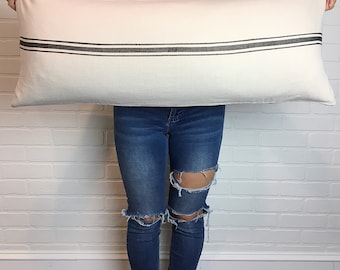 Grain Sack Pillow Cover, Modern Farmhouse Pillow, Long Lumbar Pillow, Farmhouse Lumbar, Rustic Lumbar, Extra Long Lumbar, Stripe Linen Style