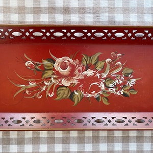 Vintage Red Floral Tray, Vintage Toleware Tray, Vintage Hand Painted Tray, Large Handled Metal Tray,  Large Red Tray, Long Red Tray