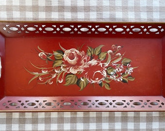 Vintage Red Floral Tray, Vintage Toleware Tray, Vintage Hand Painted Tray, Large Handled Metal Tray,  Large Red Tray, Long Red Tray