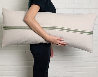 Grain Sack Pillow Cover, Long Lumbar Pillow, Grain Sack Lumbar, Farmhouse Pillow, Modern Farmhouse Lumbar, Black Stripe Lumbar, Stripe Cover