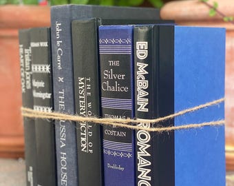 Black and Blue Book Set, Moody Library Decor, Vintage Black Blue Hardcover Books, Classic Black Books, Navy Books, Silver and Black Books