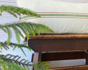 Modern Farmhouse Holiday Lumbar, Christmas Grain Sack Pillow Cover, Long Lumbar Christmas Pillow, Red and Green Lumbar, Red and Green Stripe