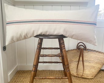 Navy and Red Stripe Pillow Cover, Americana Pillow Cover, Farmhouse Lumbar, Grain Sack Lumbar, Grain Sack Pillow Cover, Long Lumbar Striped
