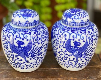 Pair of Blue & White Vintage Ginger Jars with Lids, Porcelain Chinoiserie Vases, Phoenix Bird Floral Decor, Ralph Lauren Style, Shelf Decor