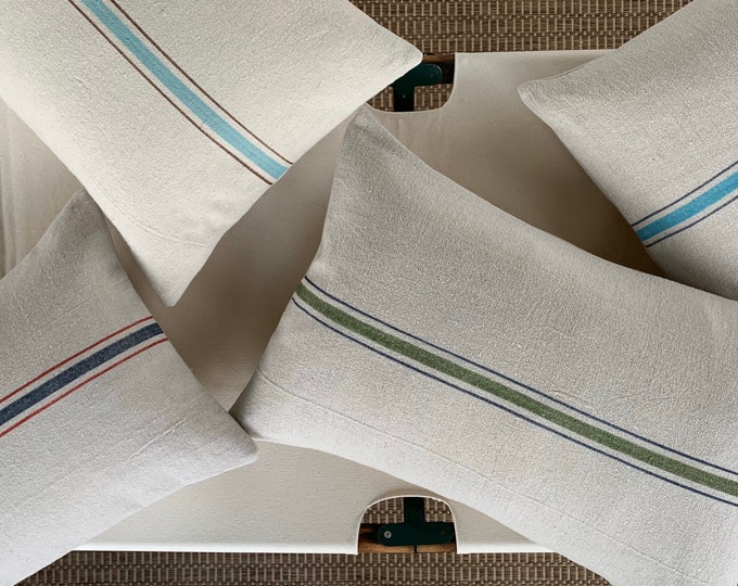 Summer Farmhouse Pillow Cover, Grain Sack Pillow, Modern Farmhouse Pillow, Grain Sack Lumbar, Coastal Farmhouse Pillow, 16 x 26