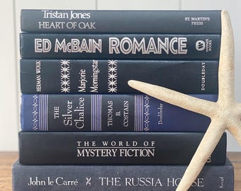 Black and Blue Book Set, Moody Library Decor, Vintage Black Blue Hardcover Books, Classic Black Books, Navy Books, Gothic Bookshelf Styling