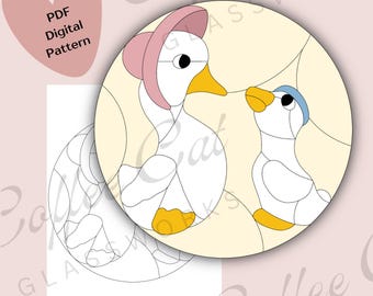 Patrón de vitral de patitos: Decoración infantil de Mamá Oca (Descarga digital en PDF, SVG, PNG)