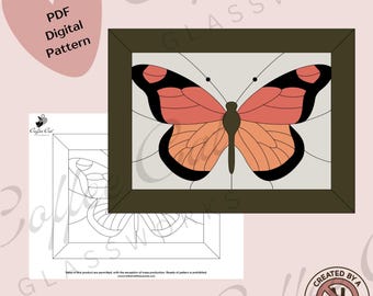 May include: A PDF digital pattern for a stained glass butterfly design. The image displays a finished colored version with a dark frame and a black and white line art version. Text includes PDF Digital Pattern and Coffee Cat Glassworks.