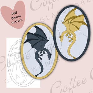 Twin Dragons Wyvern Fantasy Stained Glass Pattern — Digital Download || Printable Stained Glass Pattern, Hobby & Commercial License, PDF SVG