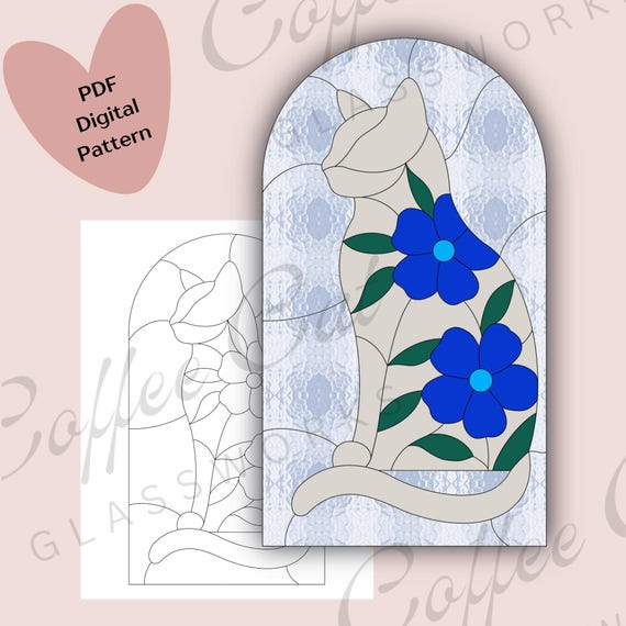 Flower Cat Stained Glass Pattern: Digital Download (PDF, SVG, PNG) - Commercial + Hobby License