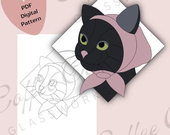 Babushka-Grandma Cat Stained Glass Pattern: Digital Download (PDF, SVG, PNG) - Commercial + Hobby License