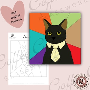 Peut inclure: Un modèle numérique PDF pour un projet de vitrail représentant un chat noir portant une chemise à col crème et une cravate rayée. Le chat est placé sur un fond radial vibrant et multicolore composé d'orange, de bleu sarcelle, de violet, de vert et de beige.