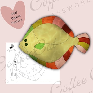 May include: A stained glass fish design in shades of yellow, orange, red, and green. The image includes a PDF digital pattern and the Coffee Cat Glassworks logo. The fish has a rounded body and a colorful tail.