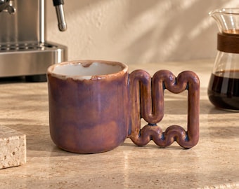Copper Pink Porcelain Mug, 15.2 fl oz Coffee Cup with Sculptural Square Zigzag Handle
