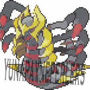 May include: Pixelated graphic of a creature with yellow, red, black, and gray dots. The design has a stylized, abstract appearance, with the word "YUNA" partially visible in the lower left corner.