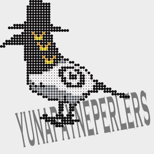 May include: Pixel art image of a bird wearing a top hat. The bird is primarily white and gray, with black accents and a black hat. The hat has yellow details. The text "YUNAPATNEPERLERS" is in the bottom right corner.