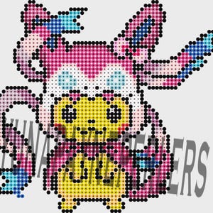 May include: Pixelated illustration of a Sylveon character in shades of pink, blue, and yellow. The design features a cartoon-style creature with large eyes and flowing ribbons. The word "FUNMAKERS" is partially visible.