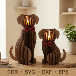 May include: Two wooden dog-shaped candle holders. The brown dogs have a slotted design, plaid bow ties, and lit candles inside. The candle holders are sitting on a wooden surface. The image also includes the text "CDR • SVG • DXF • EPS".