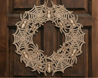Corona de puerta con telarañas, archivo SVG para corte láser, decoraciones de Halloween para ventanas, coronas de madera, archivos para Cricut y Glowforge, decoración de bienvenida al hogar.