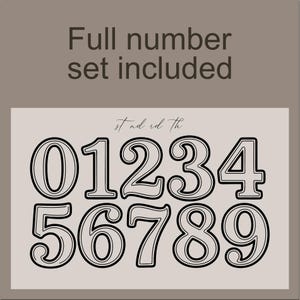 May include: A set of black and white numbers, 0 through 9, with a decorative font. The numbers are outlined in black with a white fill. The text "Full number set included" is above the numbers.
